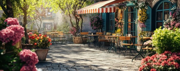 Fototapeta premium A quaint countryside cafÃ© with outdoor seating and blooming flowers, 4k photo.