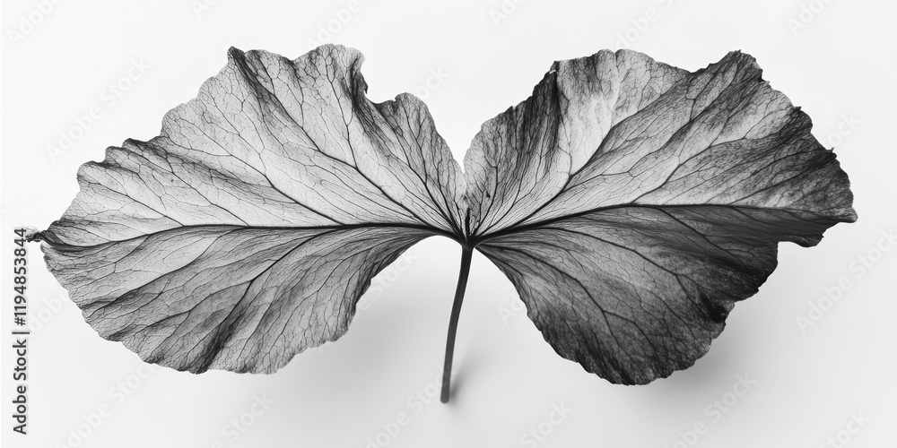 Poster black and white begonia leaf centered against a white backdrop highlighting intricate leaf veins and