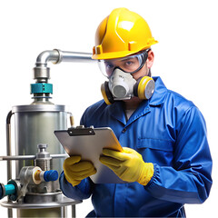 Industrial Worker Safety Equipment Blue Uniform man oil gas job mask plant metal steel    
