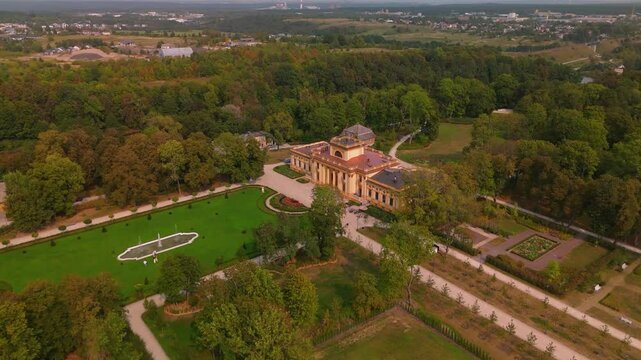 Drone shot of Traku Voke Manor in Traku Voke, Lithuania, historic monument