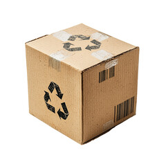 Cardboard Box with Recycling Symbol and Barcode Isolated on transparent background