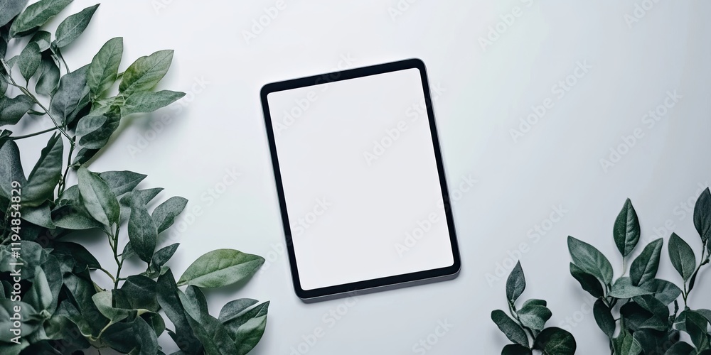 Aufkleber tablet device with a blank screen positioned centrally on a white backdrop surrounded by green leave