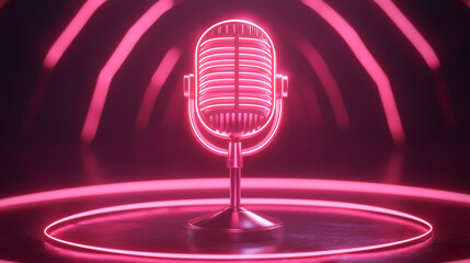 Retro microphone in neon lighting, perfect for music and podcast themes.