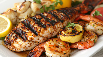 A Caribbean seafood platter with grilled fish, shrimp, and lobster, showcasing the fresh and flavorful dishes of Caribbean cuisine.