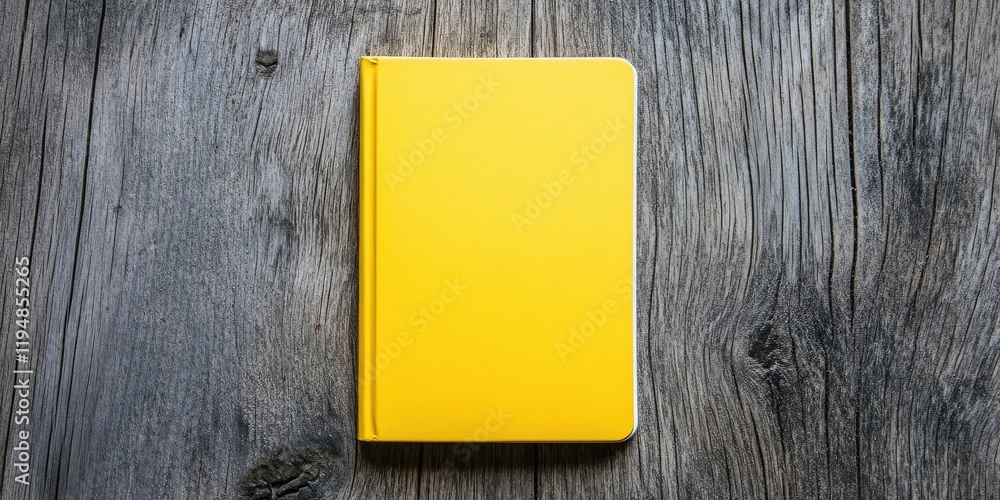 Aufkleber aerial view of a blank bright yellow notebook centered on a rustic wooden surface with textured grai