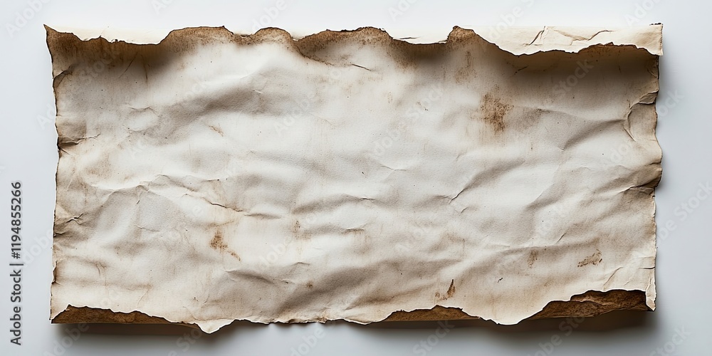 Poster aged wrinkled paper with brown edges positioned centrally on a pure white background creating a vint