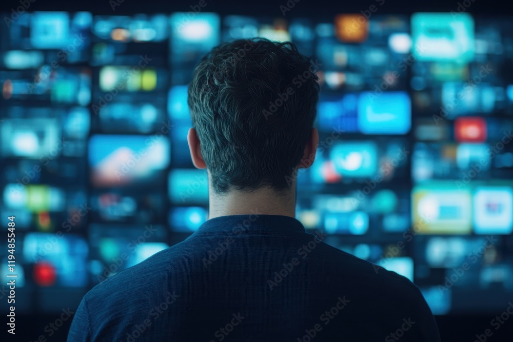 Poster a person engaging with multiple screens displaying various digital content, showcasing modern techno