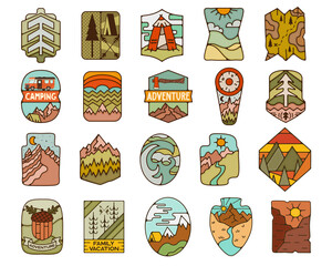 Outdoor adventure badges set. Camping adventure labels in retro flat style. Mountain logos graphics for t-shirt. Stock artworks