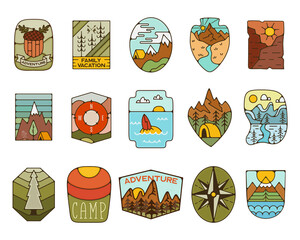 Outdoor adventure badges collection. Camping adventure labels in retro flat style. Mountain logos graphics for t-shirt. Stock artworks