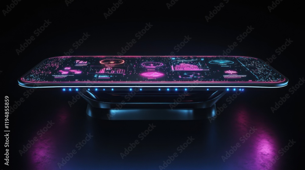 Poster futuristic digital interface table featuring neon glow and data visualizations
