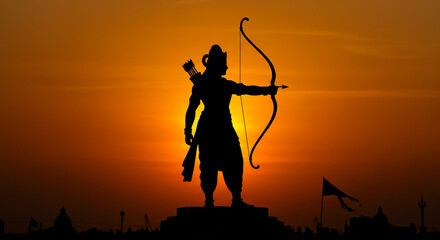 Lord Rama Aiming with Bow in Sunset Glow
