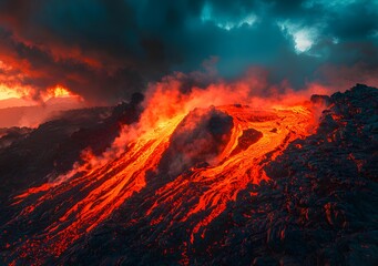 A bold fiery gradient of ember orange, molten red, and smoky ash creating a dramatic, volcanic effect.