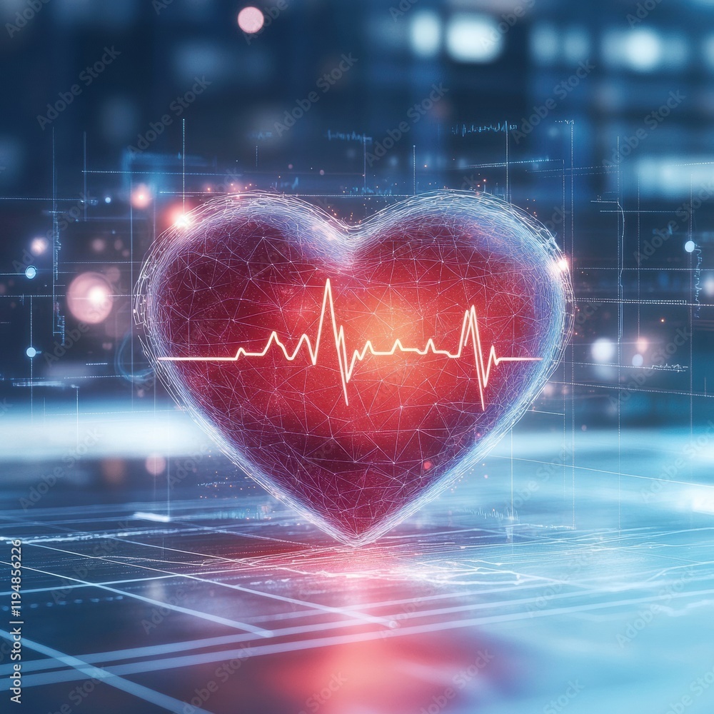 Fototapete glowing red heart with dynamic cardiogram illuminated in a futuristic digital environment at night. 