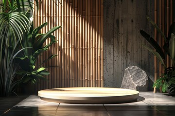 Minimalist Bamboo Background with Round Platform and Greenery