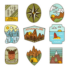 Outdoor adventure badges set. Camping adventure labels in retro flat style. Mountain logos graphics for t-shirt. Stock artworks. Family vacation