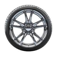 Obraz premium Sleek Chrome Alloy Wheel with Tire Design Isolated on transparent background