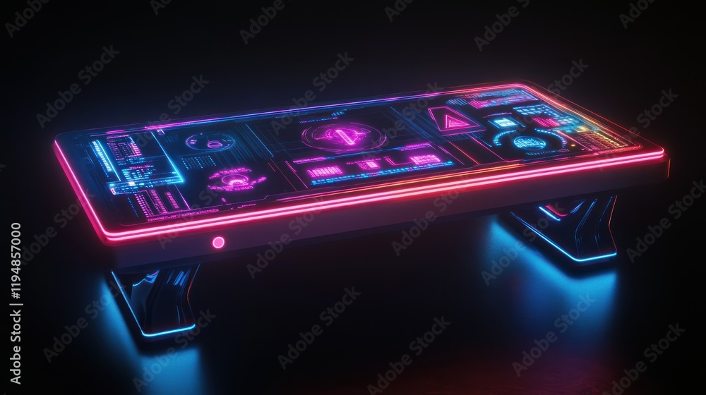 Poster futuristic neon table with interactive touchscreen interface in dark ambience