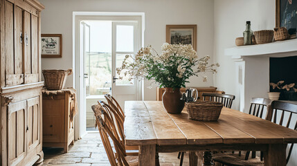 Fototapeta premium A charming farmhouse dining room with wheat-toned walls, wooden table, and vintage decor.