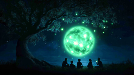 Silhouettes of friends enjoying a glowing moonlit night under a mystical tree.