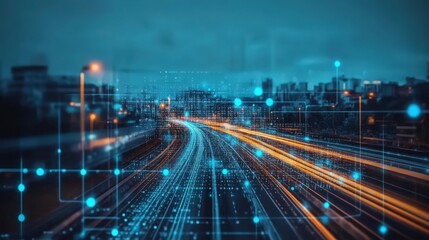 Futuristic highway with data streams and glowing orbs overlaying city landscape