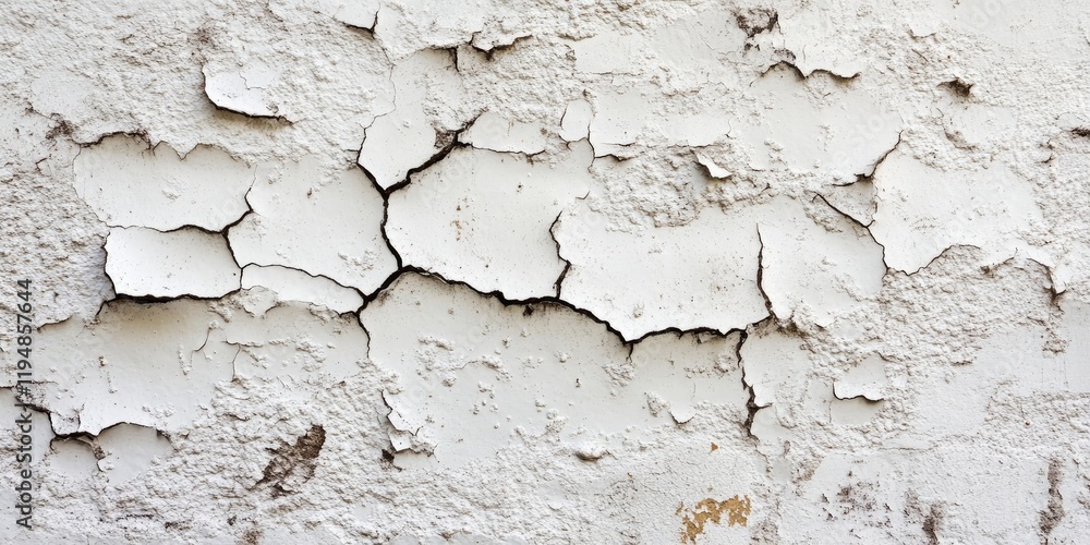 Aufkleber cracked aged white wall with rustic texture showing large flakes and intricate patterns, featuring a
