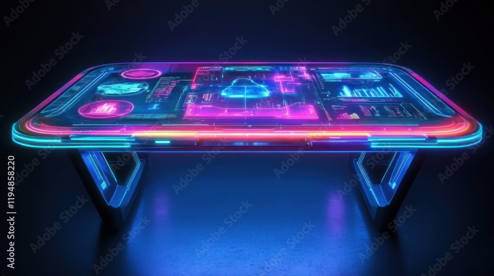 Poster futuristic interactive neon table with advanced digital interface display