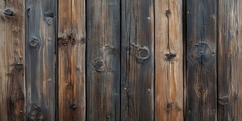 Naklejka premium Rustic wooden texture featuring aged brown and dark hues, with vertical planks showcasing knots and grain, creating a natural, earthy background.
