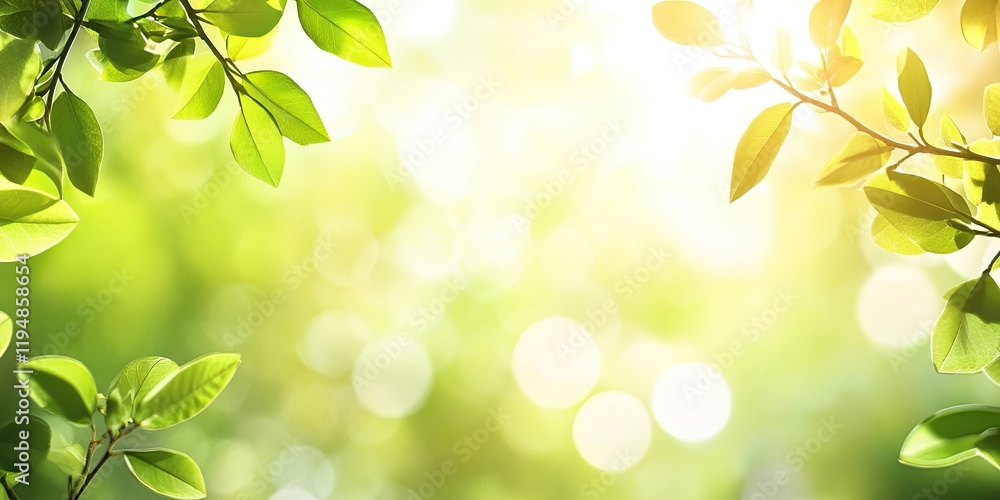 Poster bright green leaves in a soft blurred background illuminated by summer sunlight creating a serene an
