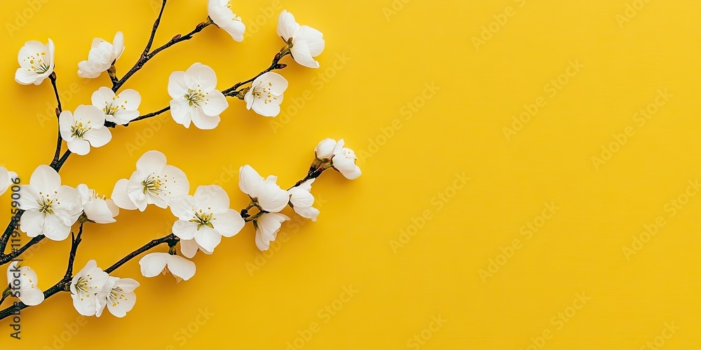 Aufkleber white bell flower branch positioned to the left on a vibrant yellow background providing ample open 