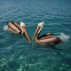 Pelicans diving for fish in shallow, clear water.