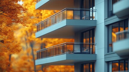 Fototapeta premium Modern Apartment Building Autumn Balcony View fall home teal gray blue