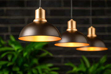 Obraz premium Stylish hanging lamps illuminating a modern interior with greenery.