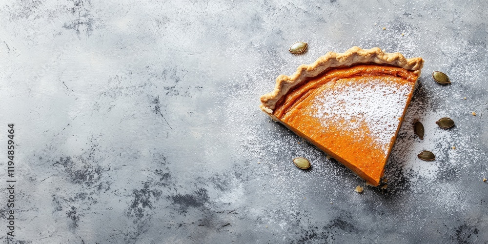 Poster pumpkin pie slice dusted with powdered sugar on gray concrete background with seeds positioned for a