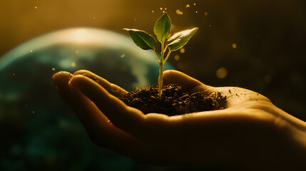Fototapeta premium person holding plant in his hands and sand 