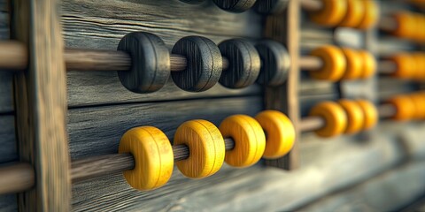 Close-up of colorful wooden abacus with dark brown and yellow beads on a rustic wooden background, enhancing focus on mental arithmetic skills