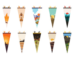 Camping adventure pennant flags design collection. Outdoor hiking graphics collection. Mountains pendant artwork. Stock illustration