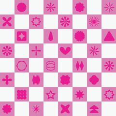 Retro futuristic Y2K Geometric Shapes Checkerboard Seamless Pattern Background. Postmodern Brutalism pink and white bright and funky abstract wallpaper design