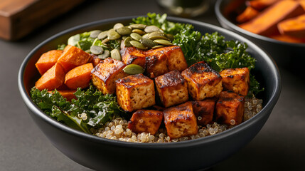 Fototapeta premium Plant-Based Power Bowl with Roasted Tofu, Quinoa, and Sweet Potatoes - Nutritious Vegan Meal Photography