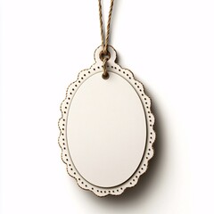 A decorative, empty oval tag with a scalloped edge suspended by a thin string, ideal for labeling or personalization.