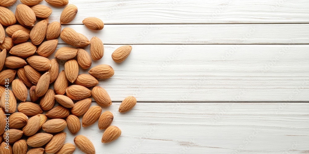 Poster almonds scattered on a white wooden tabletop with textured surface in top left corner creating a nat