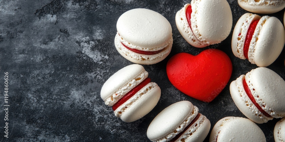 Poster aerial view of white macarons arranged circularly with a red heart in the center on a dark textured 