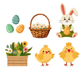 Easter vector illustration set for Easter holidays. Cute bunny, yellow chickens, Easter eggs, daisies, flower beds Isolated