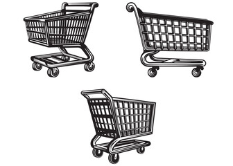 shopping cart silhouette logo vector design, shopping cart silhouette logo icon design, shopping cart vector logo, black and white illustrations of diverse shopping cart designs © Adobe design