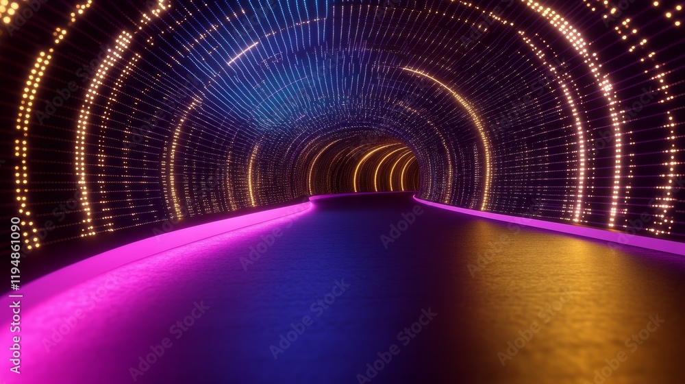 Poster glowing futuristic tunnel with abstract digital data streams and neon lights, technology concept