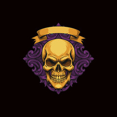 A stylized golden skull is prominently featured within a detailed purple ornate frame and a blank yellow banner.