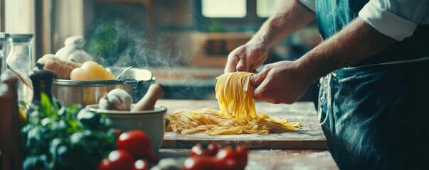 Obraz premium A rustic kitchen with fresh ingredients and handmade pasta being rolled, 4k photo.