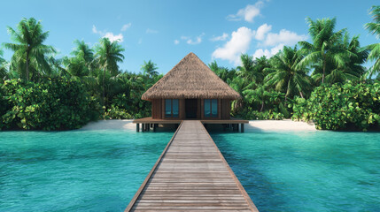 Tropical beach house surrounded by turquoise water and lush palm trees.
