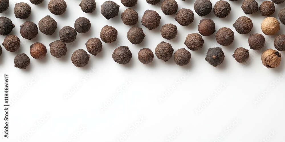 Poster allspice seeds scattered evenly on a white background with ample negative space on the right for tex