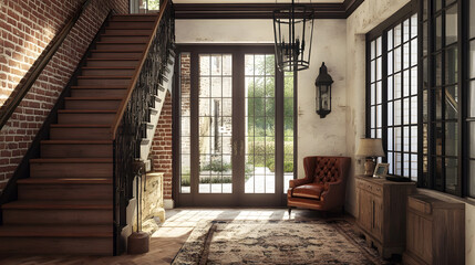Stylish industrial-style entry featuring wooden elements and an inviting atmosphere.