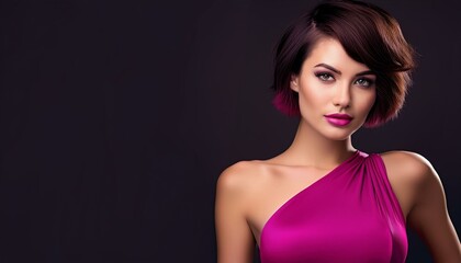 Fototapeta premium studio portrait of a brunette woman with short hair and nude shoulders wearing a low cut pink fuchsia mini dress on black background 
